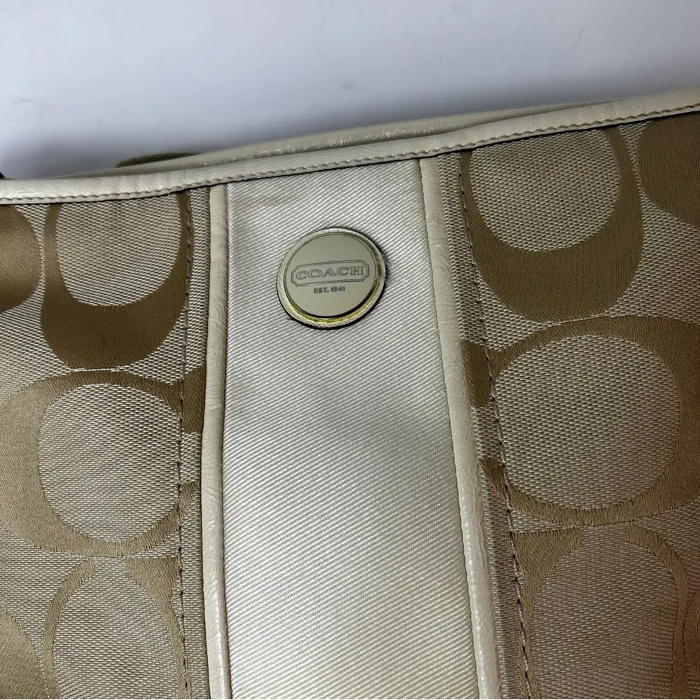 Coach F21905 Cream and Tan Signature Leather Detail Stripe Duffle Crossbody Bag
